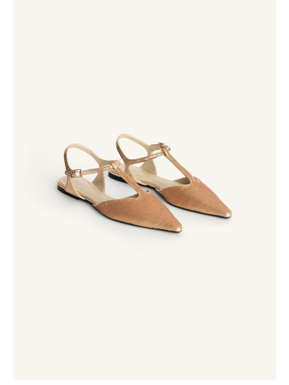 Zara Metallic Gold Pointed T-Strap Slingback Flats
